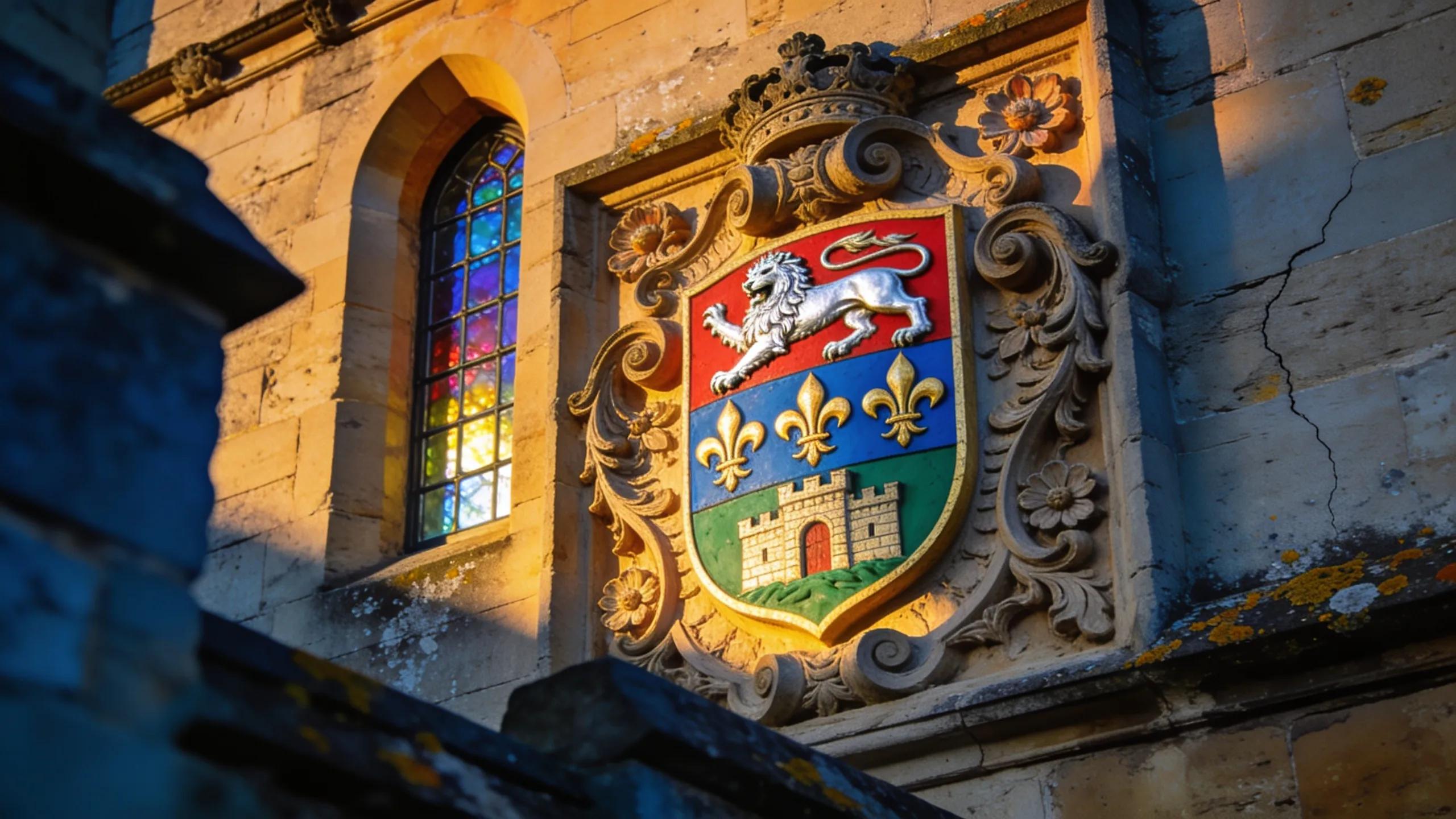 A colorful coat of arms reflecting civic heraldry and community identity in a historical setting