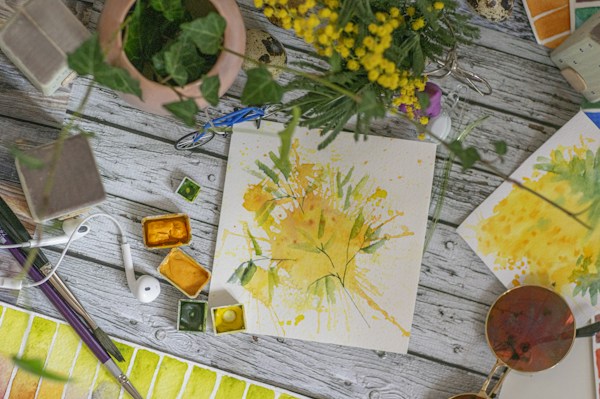 Watercolor painting and art supplies, illustrating a hobby for personal development.