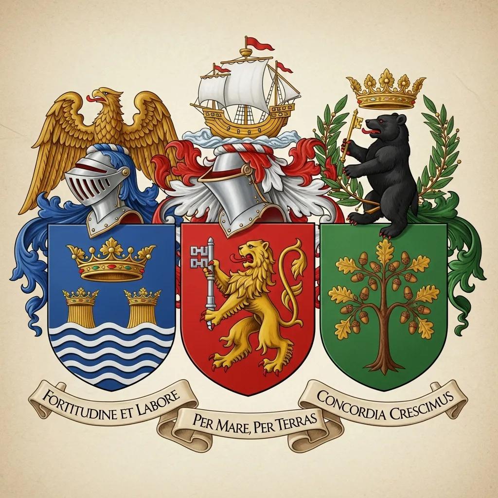 Heraldic elements including shields, crests, and banners illustrating civic heraldry design and symbolism.