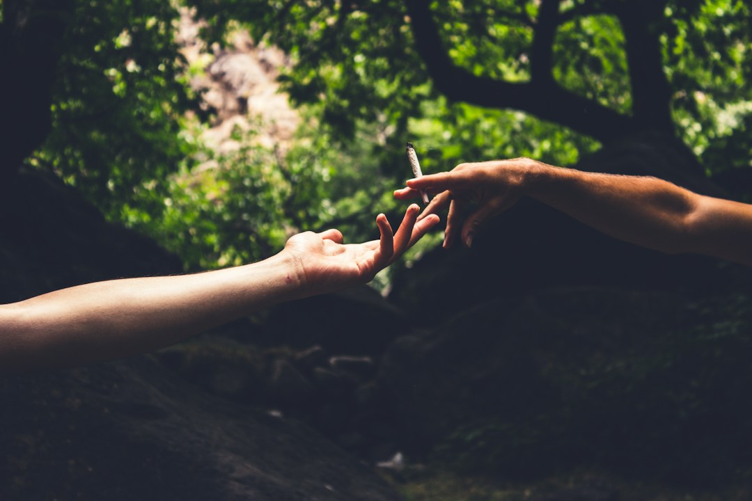 Hands passing a cigarette outdoors, illustrating a smoking buddy for cannabis users.