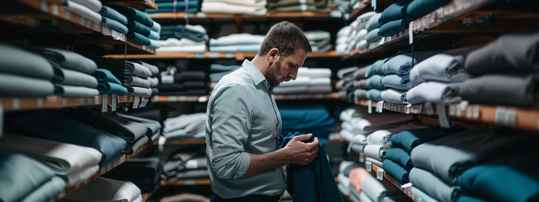 Man examining fabric in clothing store, selecting men's short-sleeve shirt material.