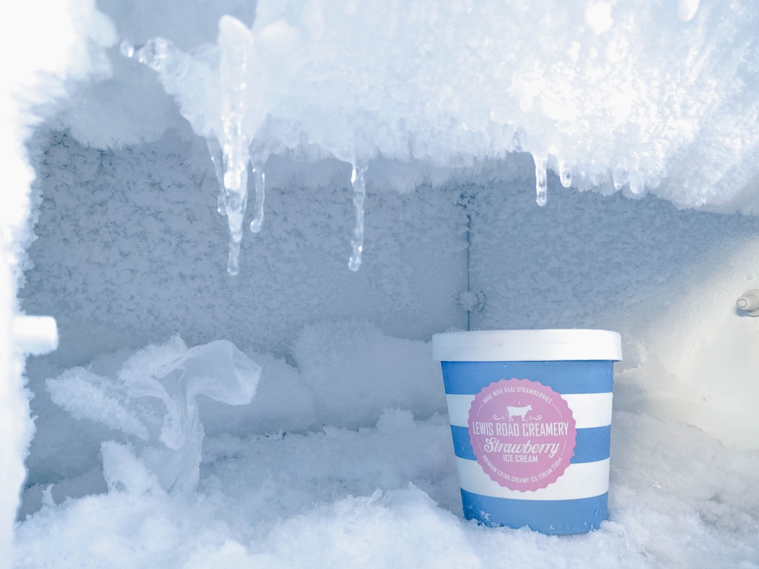 Commercial refrigerator interior with ice buildup and container of strawberry ice cream.