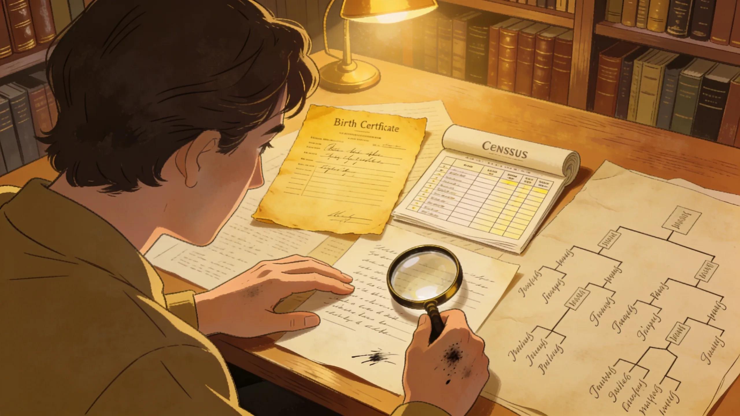 A researcher analyzing historical records and documents related to genealogy and family history