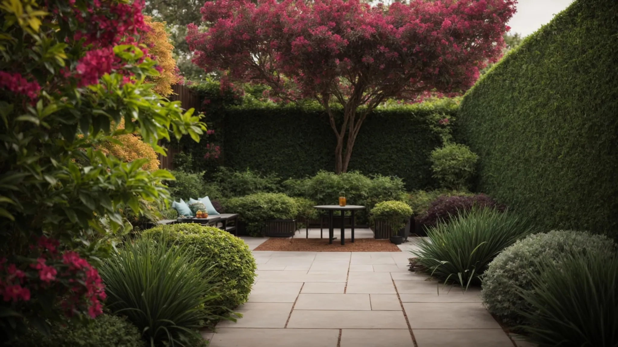 Lush patio with vibrant artificial trees and landscaping for outdoor decor