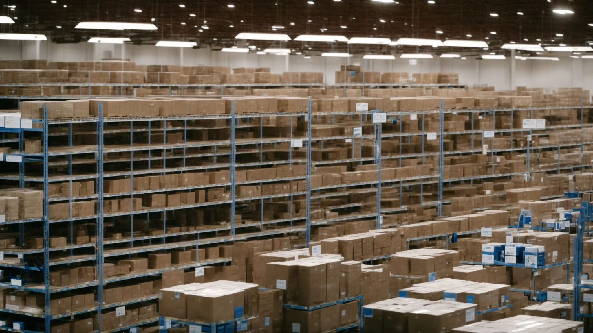Rows of neatly organized boxes illustrating warehouse inventory management and tracking.