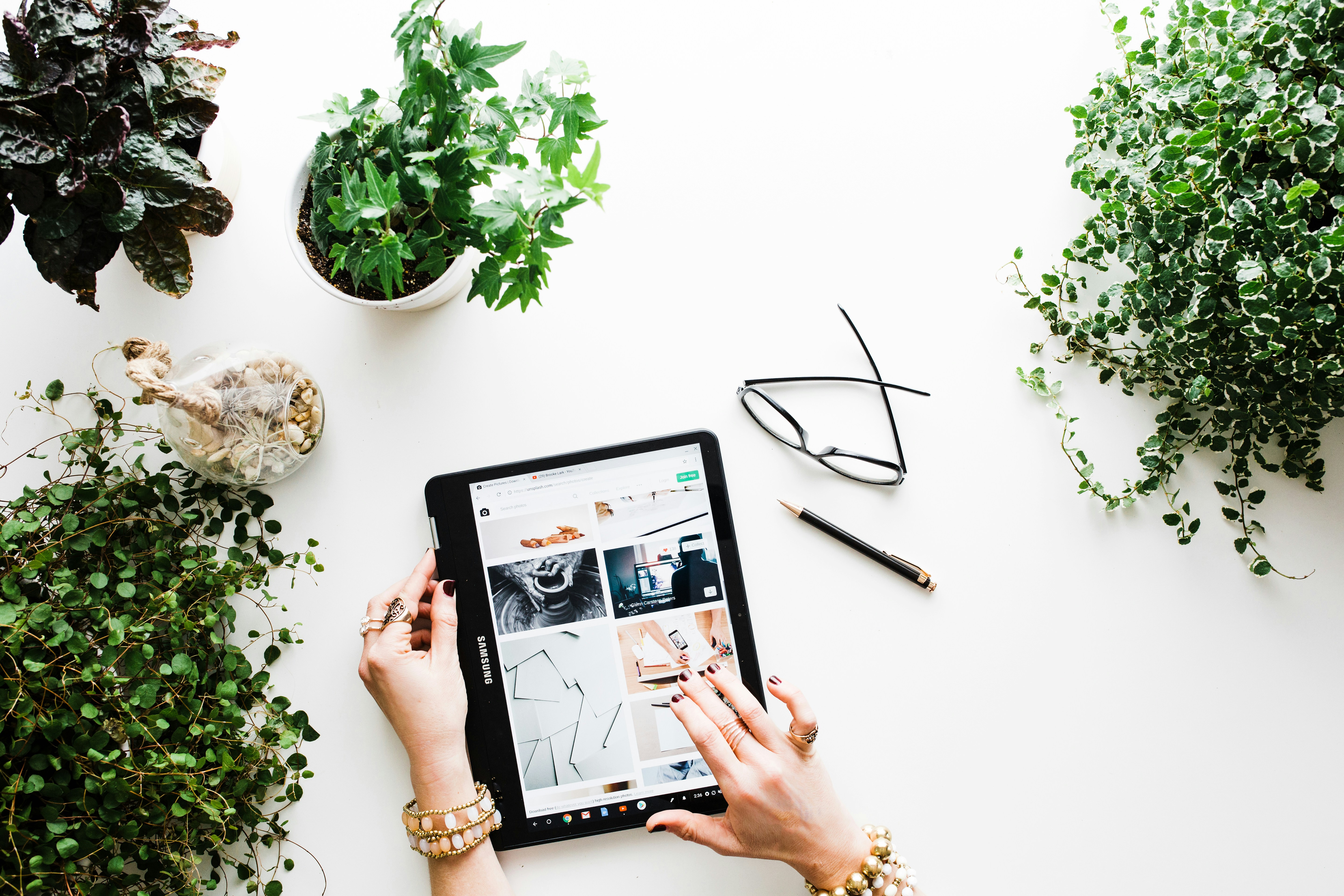 Tablet displaying online retail website and self-care suggestions with plants and accessories.