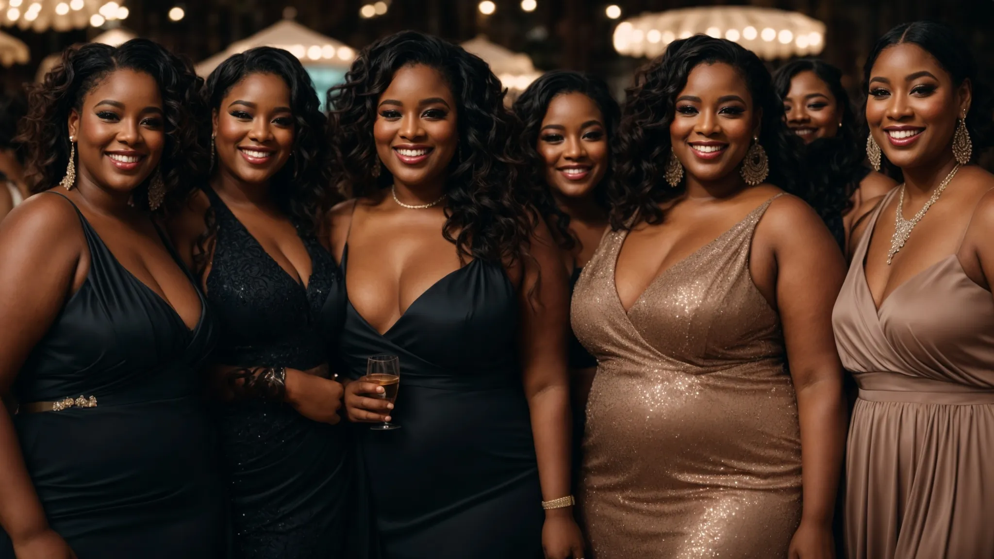 Diverse group of women in elegant plus-size special occasion dresses.