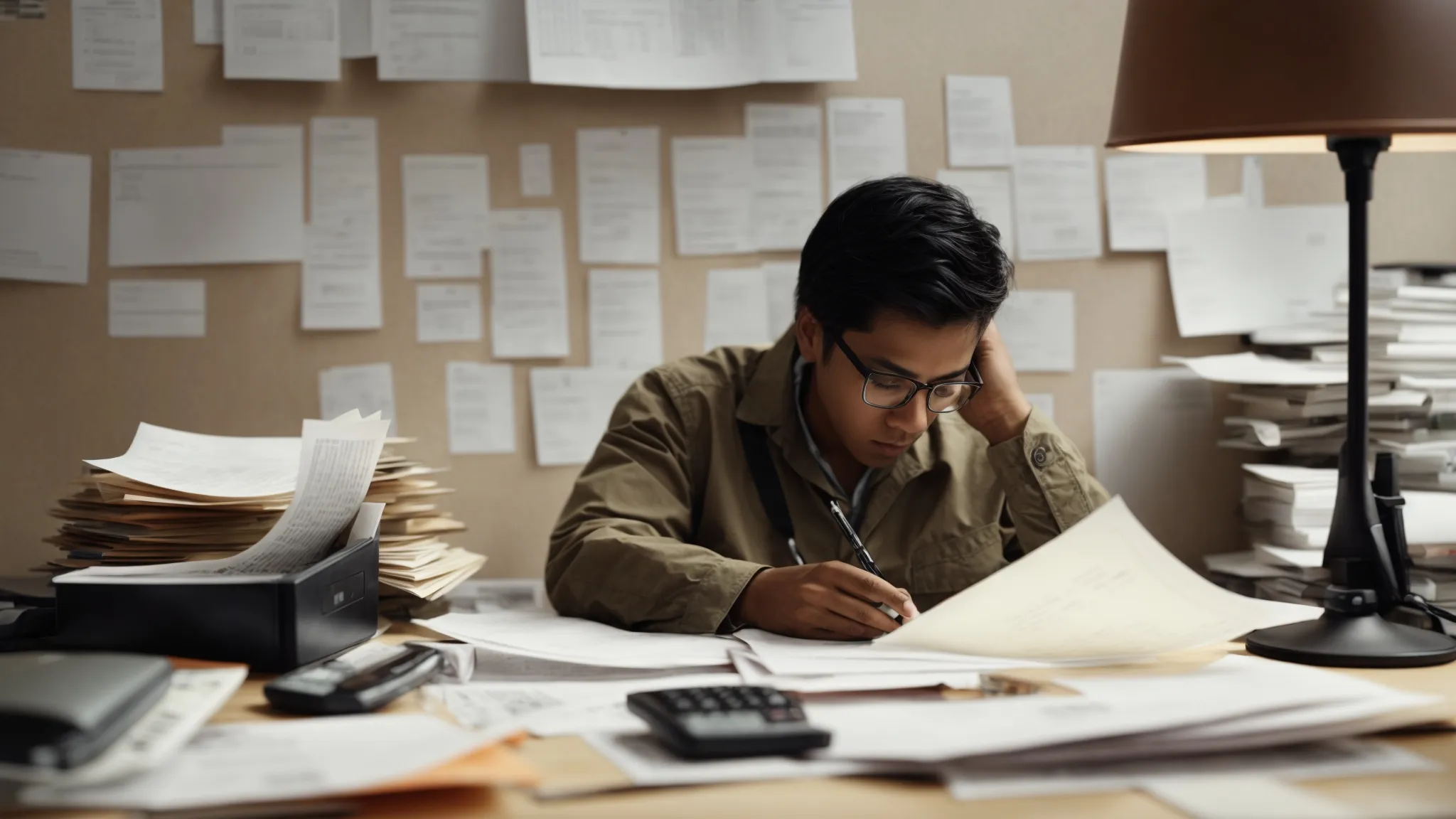 Concerned individual at desk reviewing tax forms and financial documents.